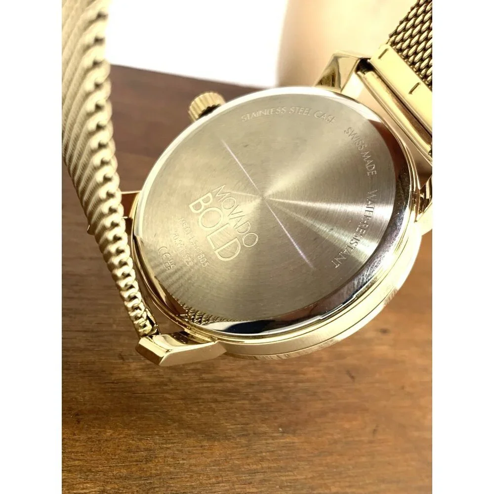 Movado Mens Watch 3601077 Bold White Dial Swiss Quartz Gold Steel 41mm Mesh Band